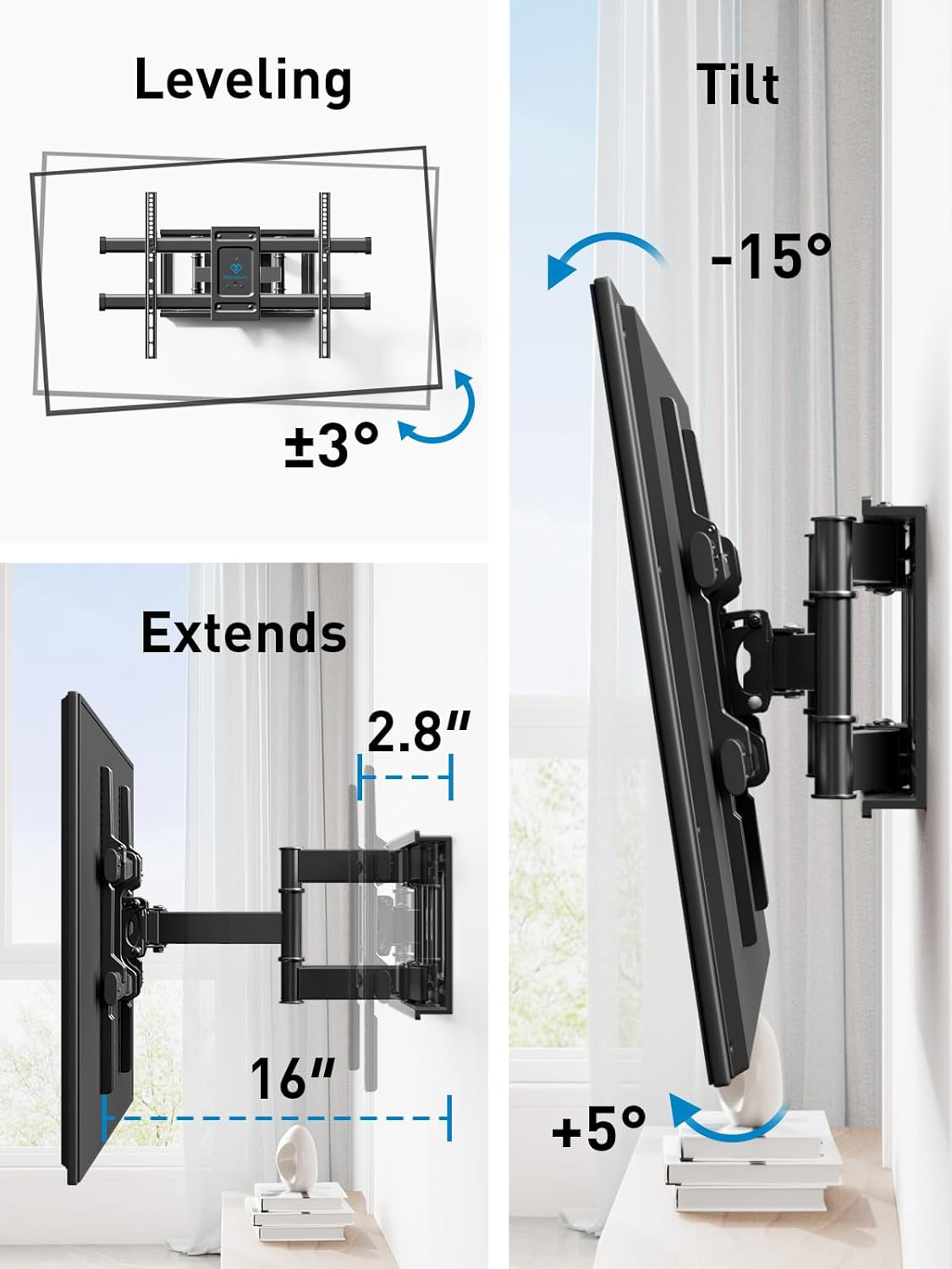 PERLESMITH TV Wall Mount Bracket Full Motion Dual Articulating Arm for Most 37-82 Inch LED, LCD, OLED, Flat Curved TVs up to 132lbs VESA 600×400 with Tilt, Swivel and Rotation - PSLFK1