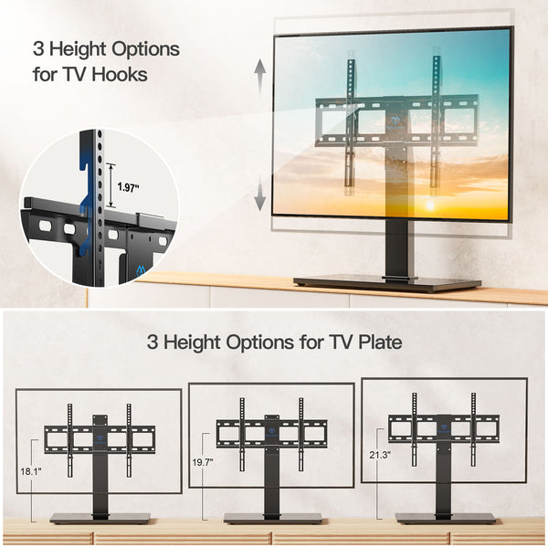FITUEYES Universal TV Stand/Base Swivel Tabletop TV Stand with Mount for 40  to 80 inch Flat Screen TV 60 Degree Swivel, 6 Level Height Adjustable,Tempered  Glass Base,Holds up to 110lbs Screens 